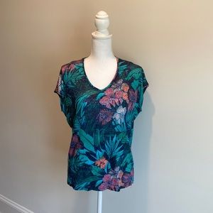 LOFT Women’s Small Tropical Flower Print Short Sleeve V-Neck Linen Shirt